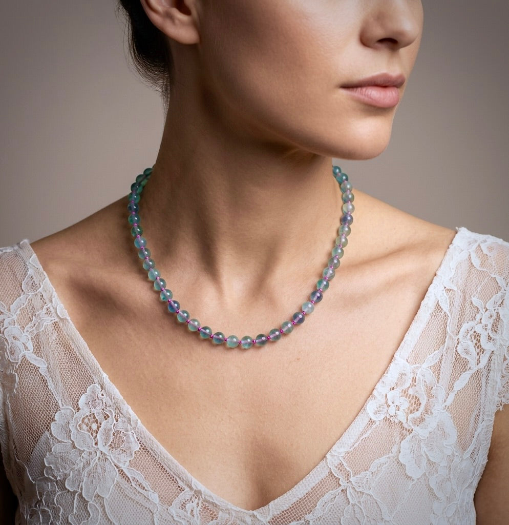 Hand-knotted with hot pink silk fluorite necklace