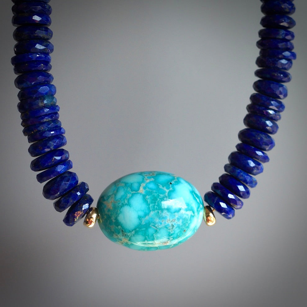 Lapis necklace with White Water turquoise and solid 14K gold hook clasp