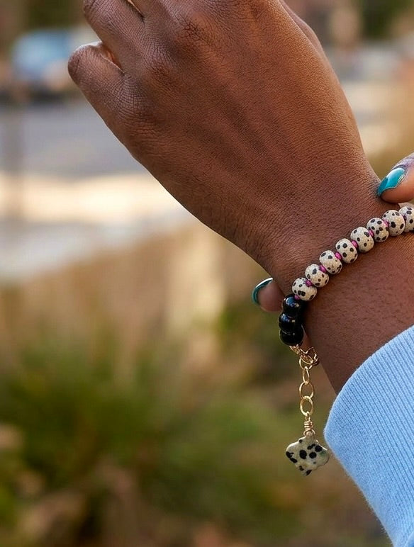 Hand-knotted Dalmatian jasper bracelet
