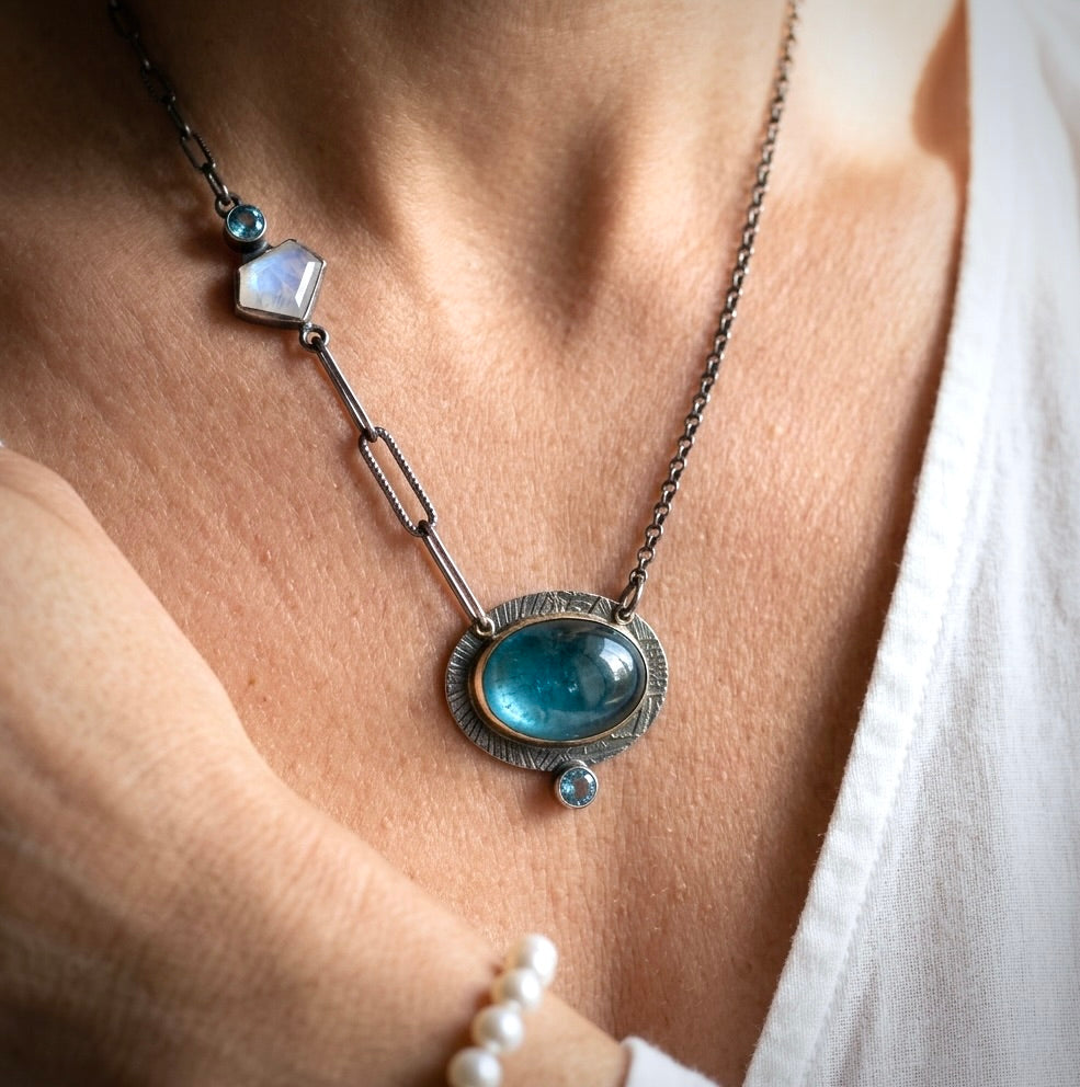 Aquamarine, blue topaz and rainbow moonstone necklace
