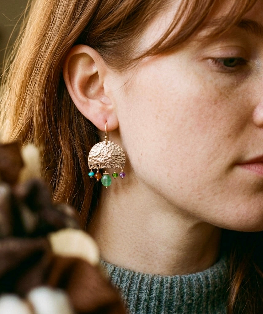 Multi-gemstone hammered gold earrings