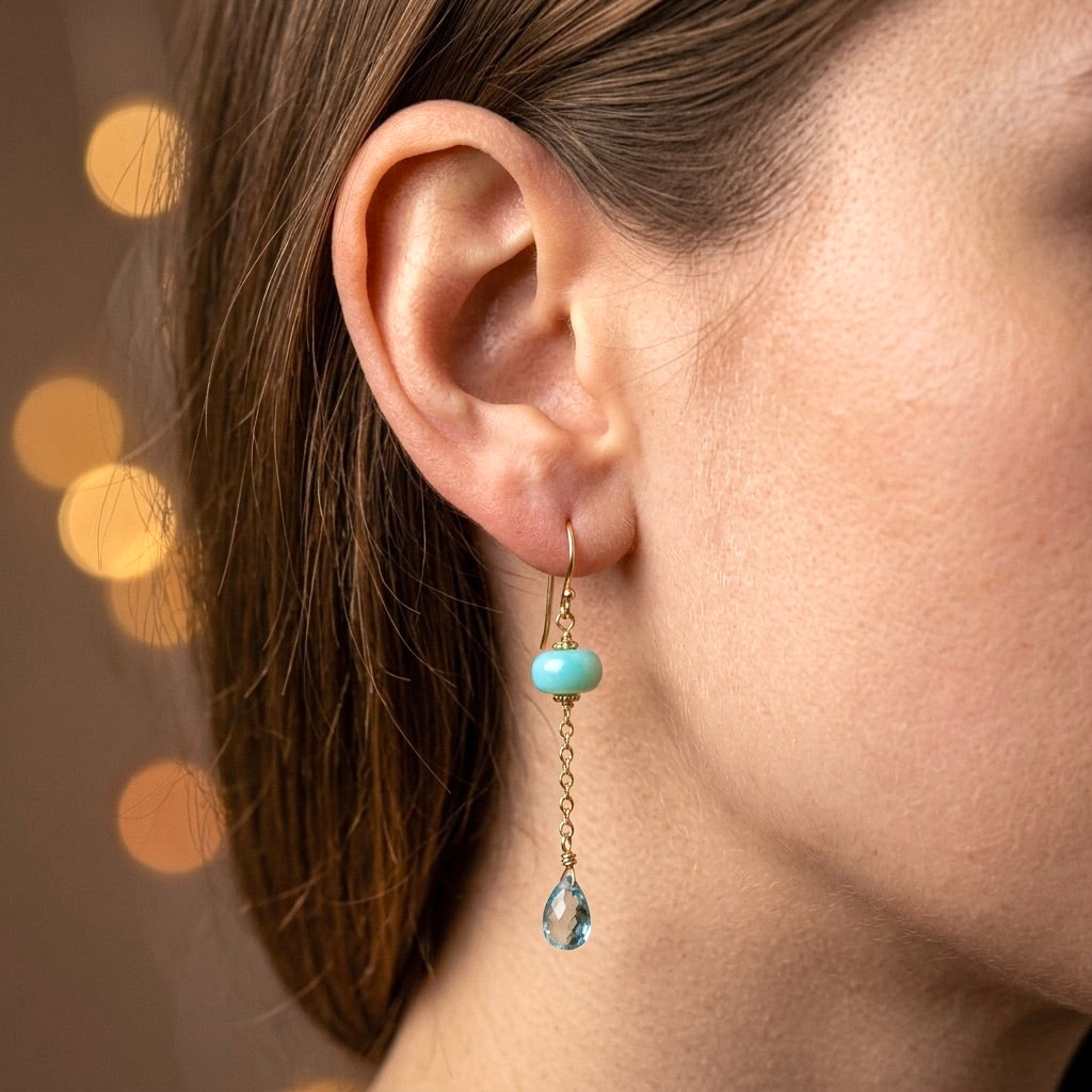Solid 14K gold Peruvian blue opal and blue topaz earrings