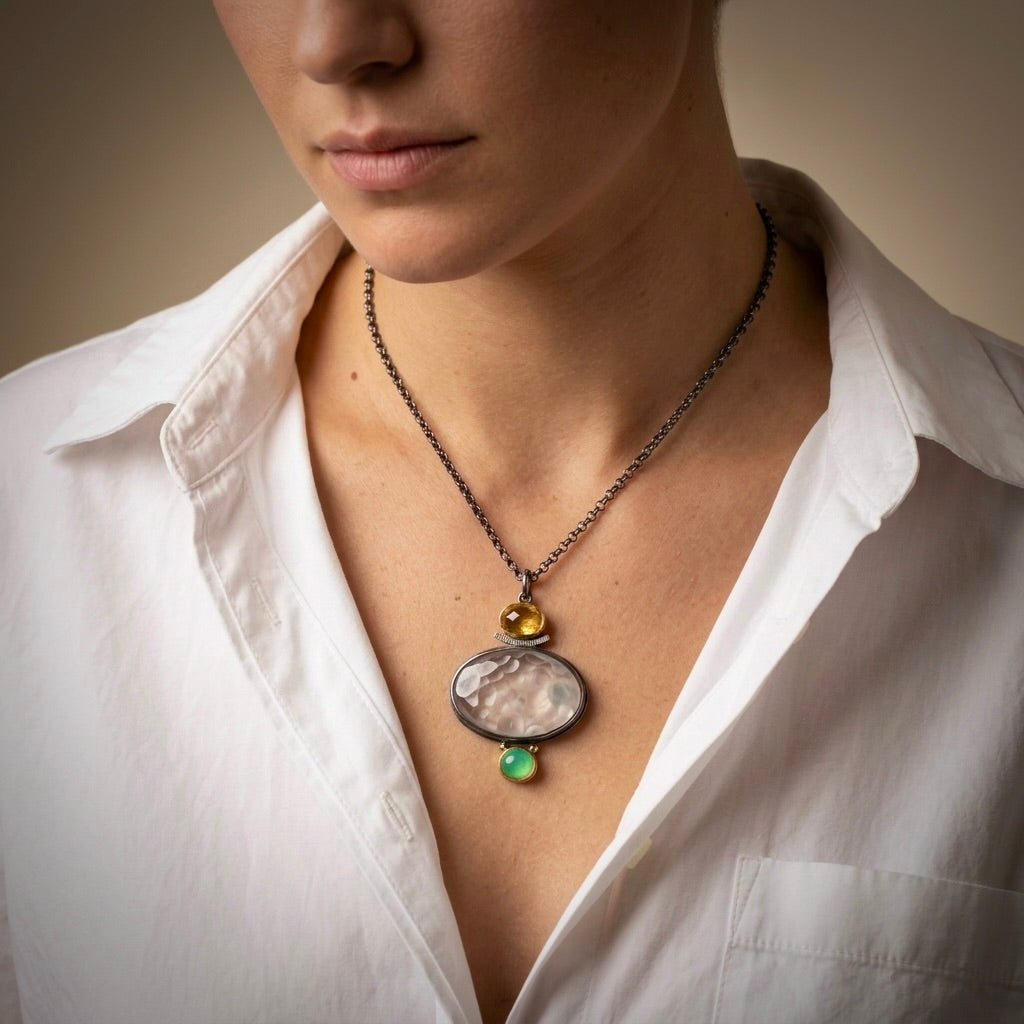 Botryoidal chalcedony druzy, yellow sapphire and chrysoprase pendant