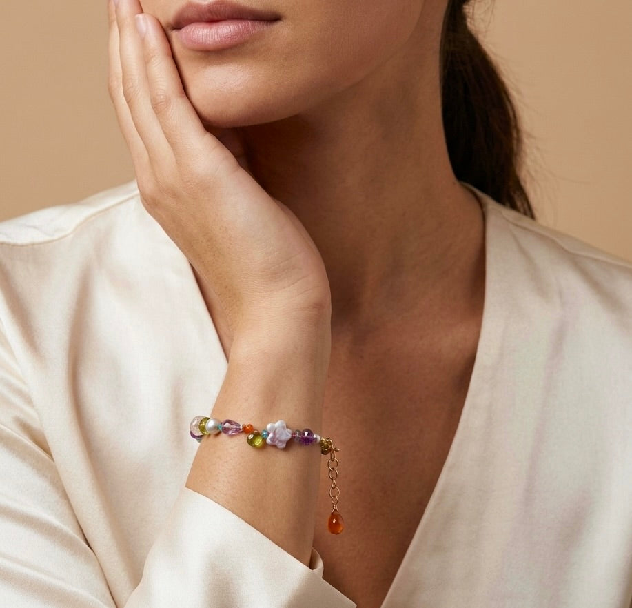 Vibrant gemstone mix silk-knotted bracelet with pearl flower