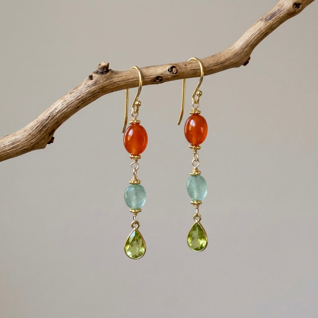 Carnelian, quartz and green tourmaline earrings