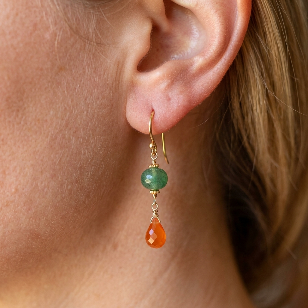 Green strawberry quartz and carnelian earrings