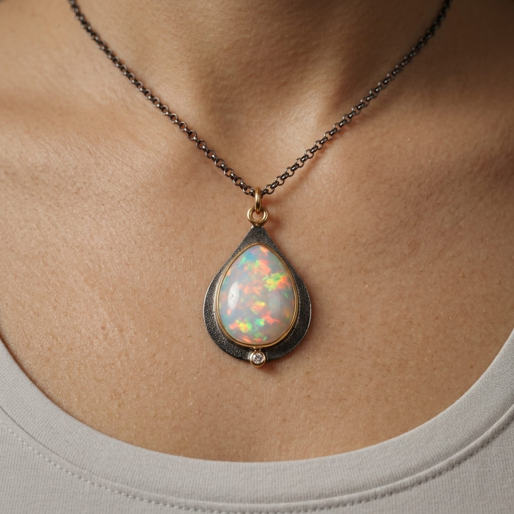 Ethiopian opal and diamond pendant