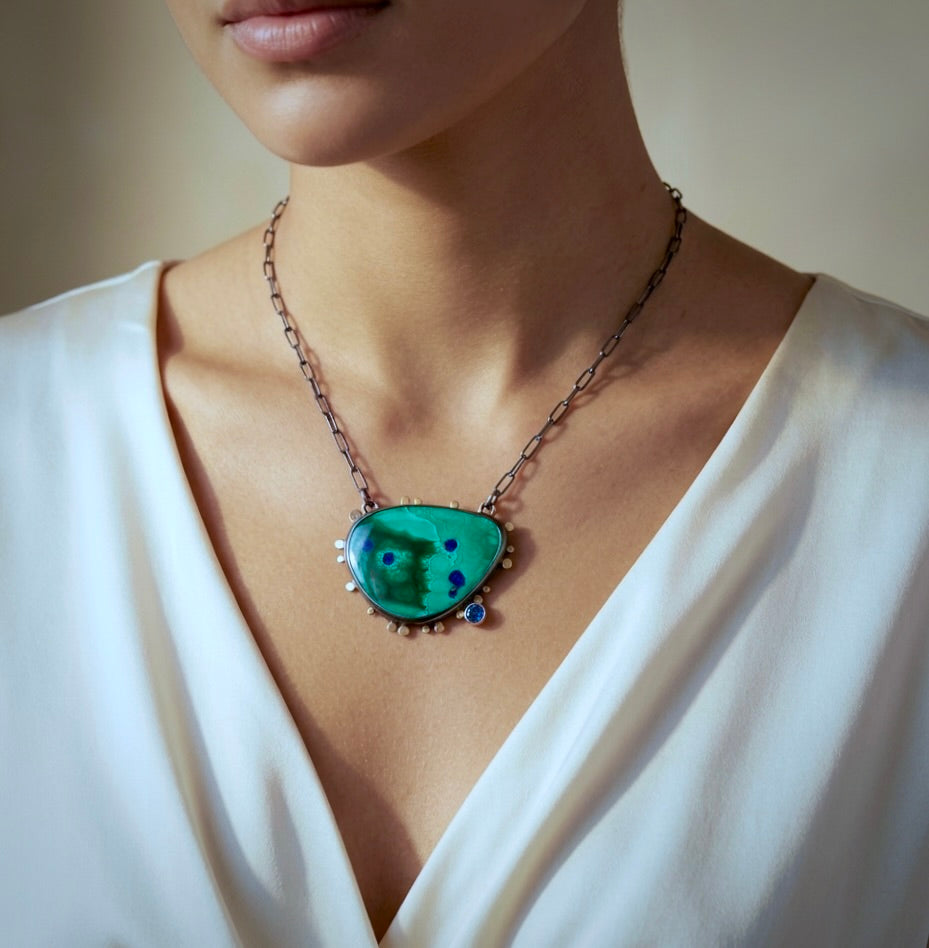Malachite azurite and blue sapphire necklace