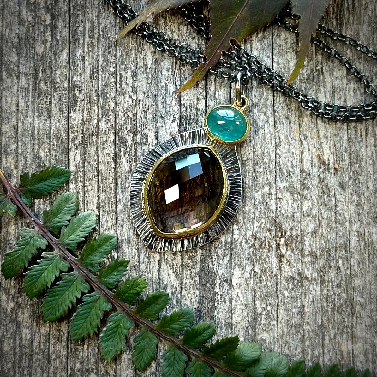 Smokey quartz and grandidierite pendant