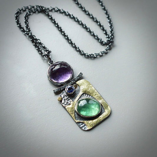 Amethyst, kyanite and sapphire pendant