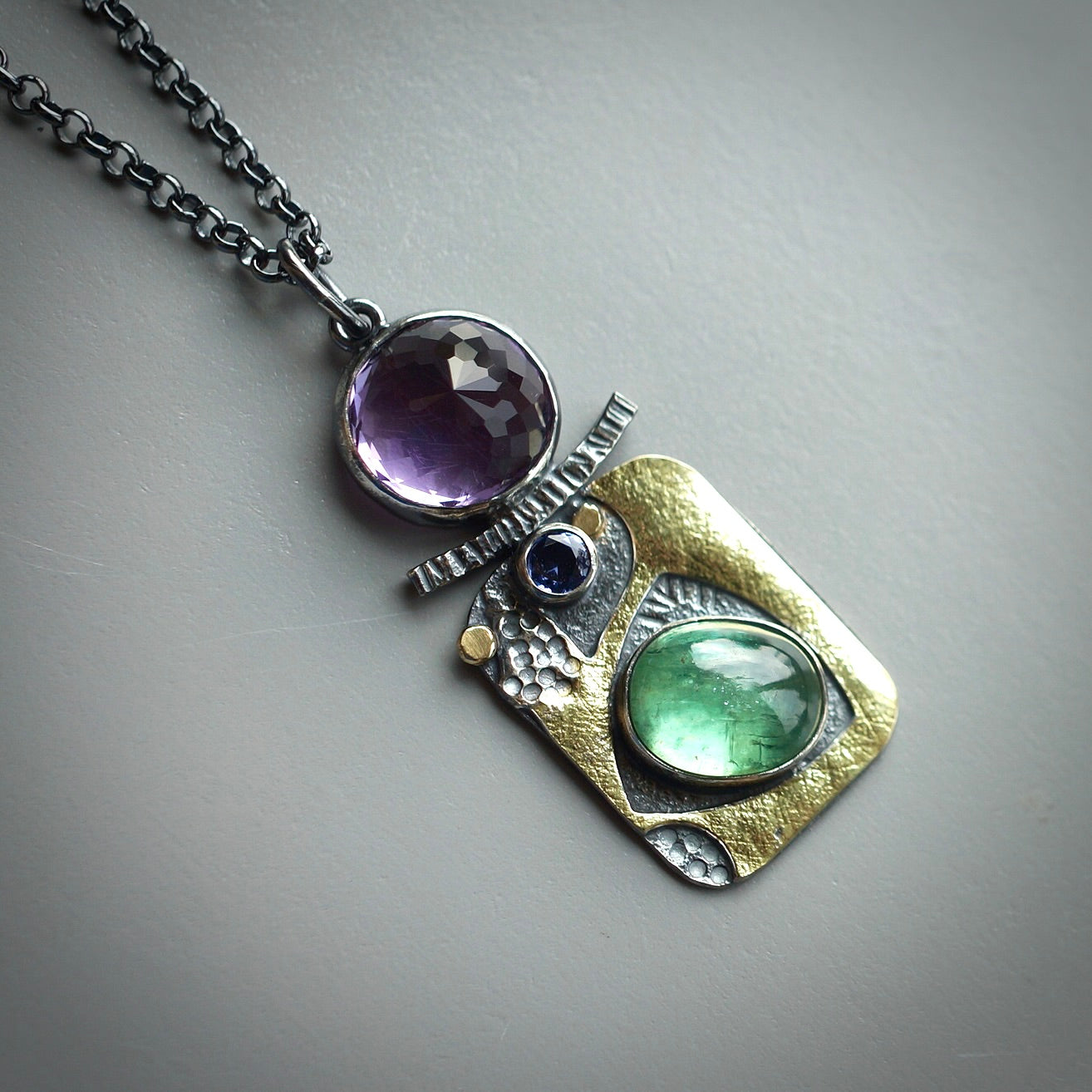 Amethyst, kyanite and sapphire pendant