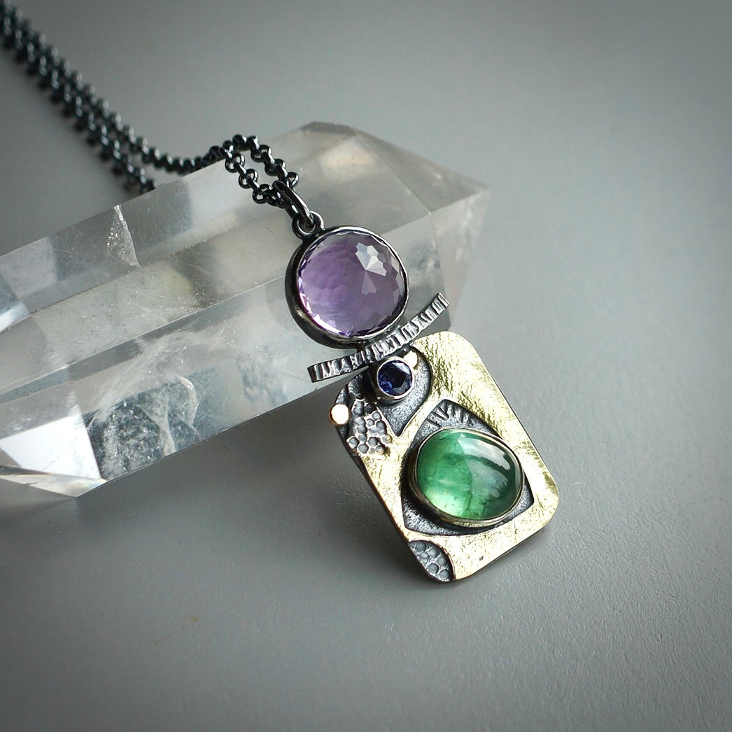 Amethyst, kyanite and sapphire pendant