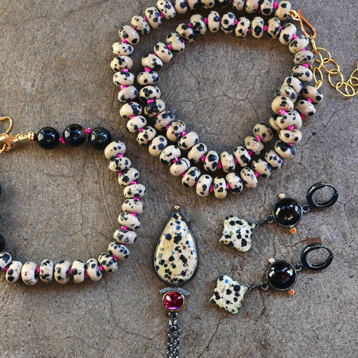 Hand-knotted Dalmatian jasper bracelet