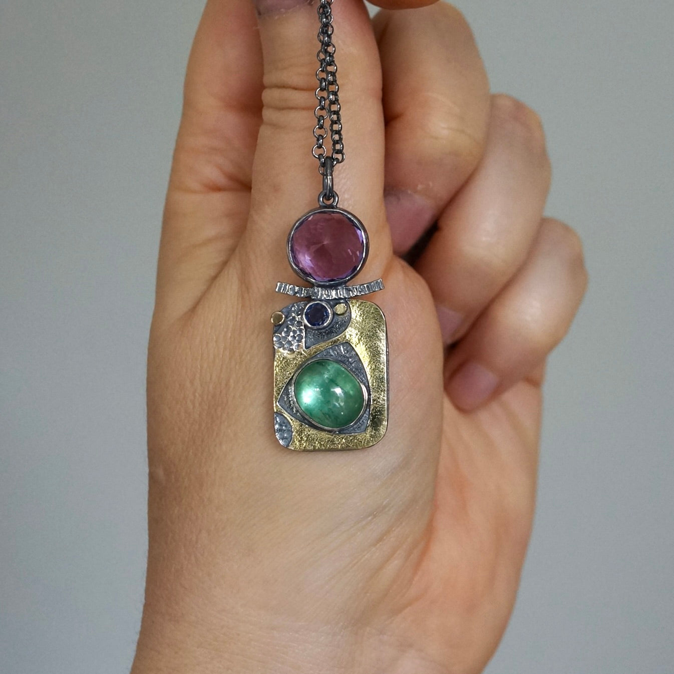 Amethyst, kyanite and sapphire pendant