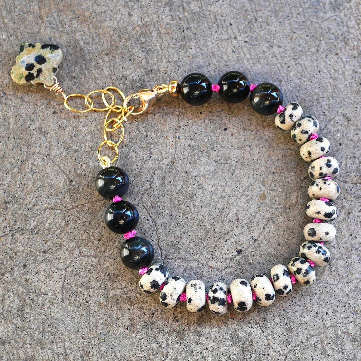 Hand-knotted Dalmatian jasper bracelet