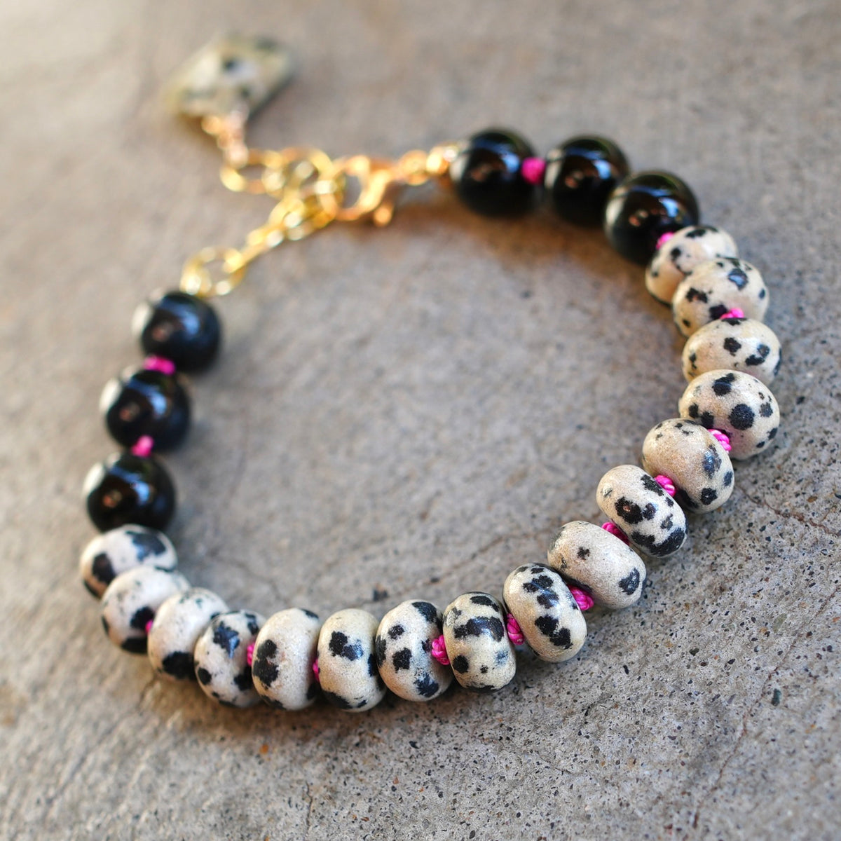 Hand-knotted Dalmatian jasper bracelet