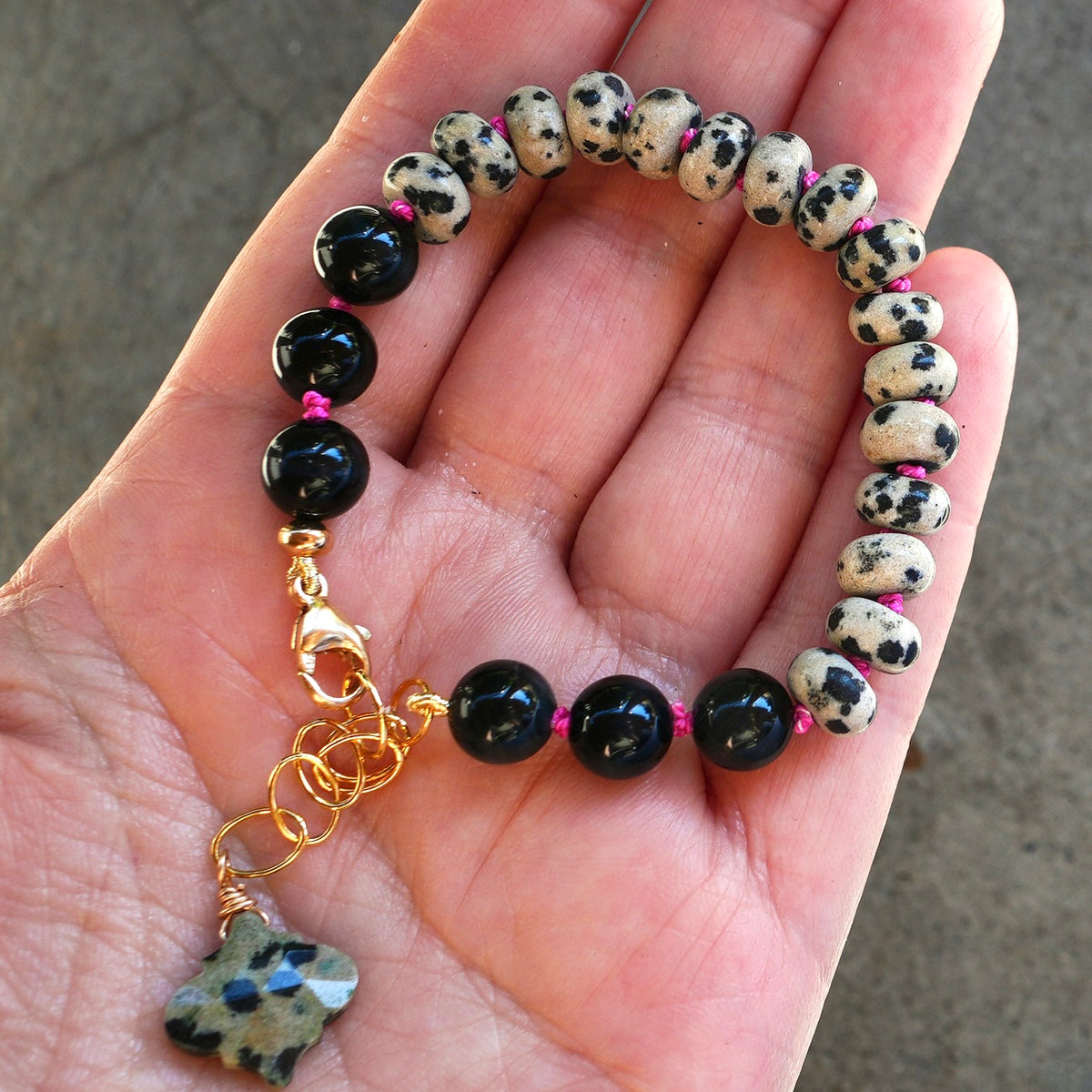 Hand-knotted Dalmatian jasper bracelet