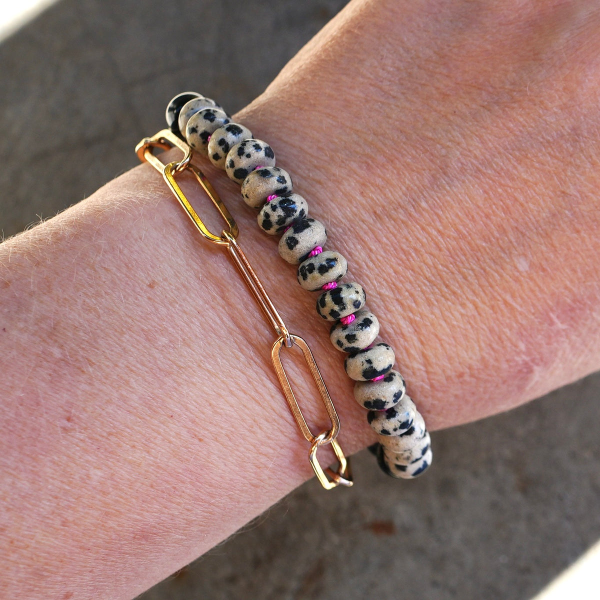 Hand-knotted Dalmatian jasper bracelet