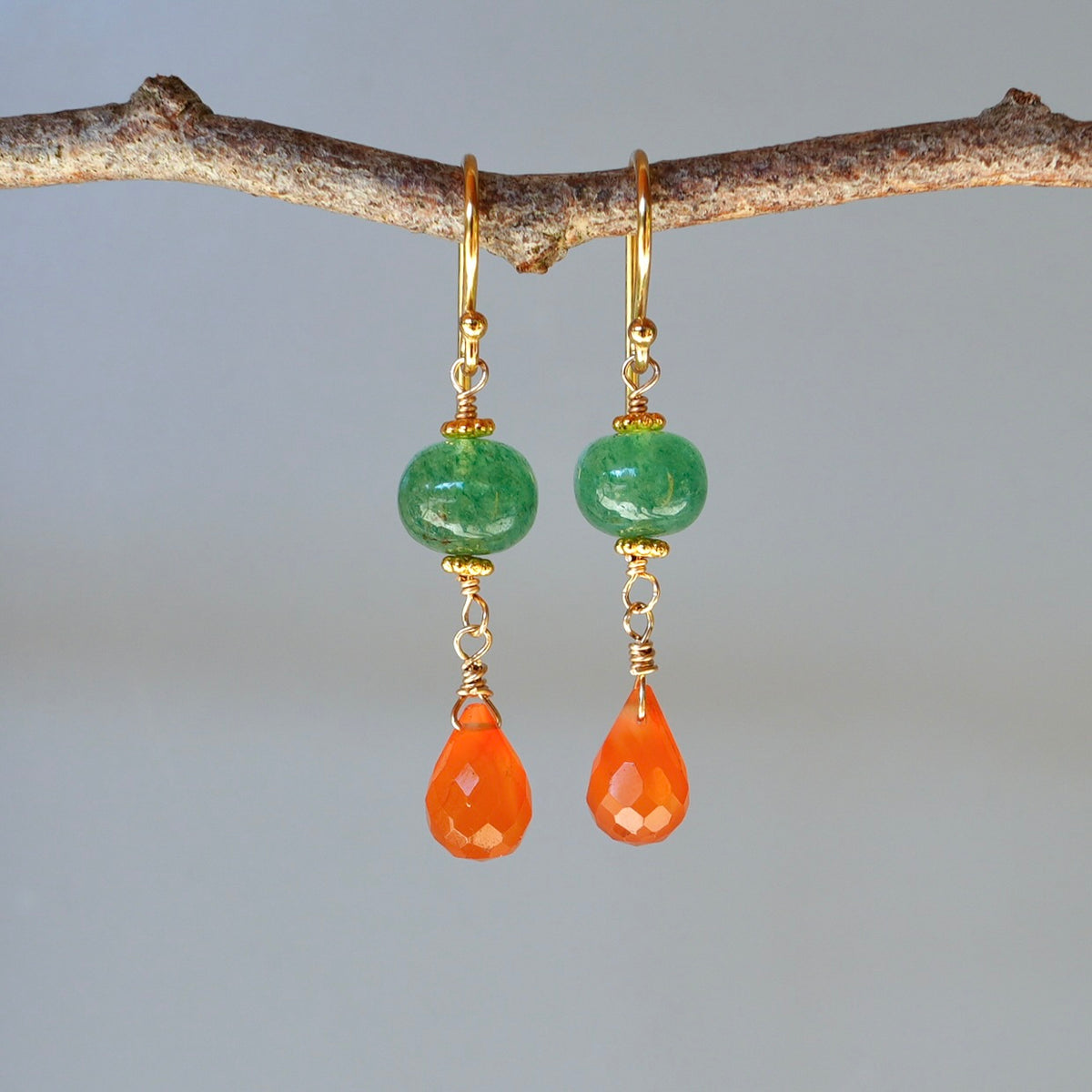 Green strawberry quartz and carnelian earrings