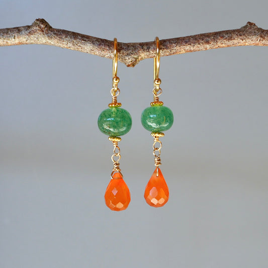 Green strawberry quartz and carnelian earrings