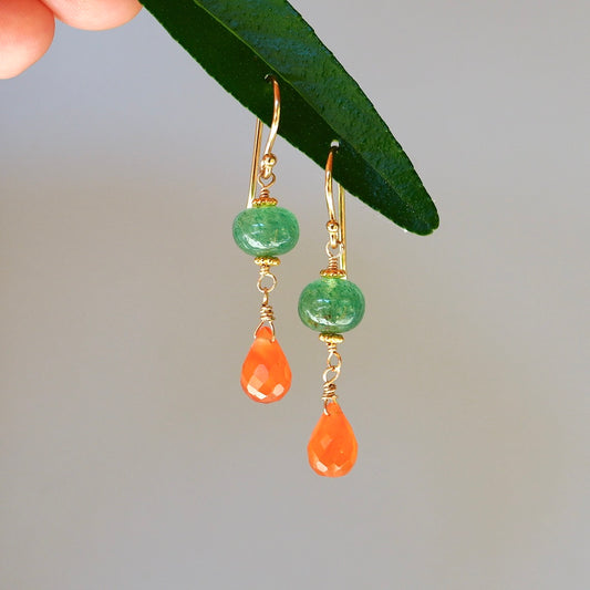 Green strawberry quartz and carnelian earrings