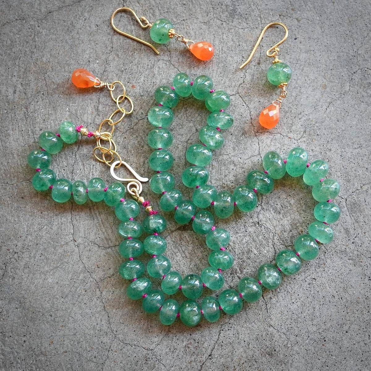 Green strawberry quartz and carnelian earrings