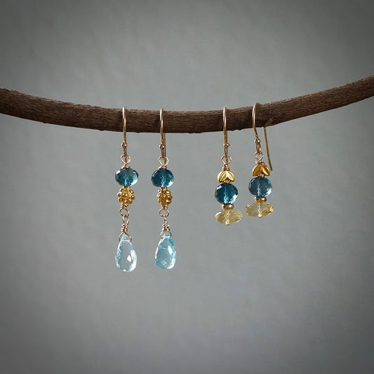 Solid gold earrings with blue topaz