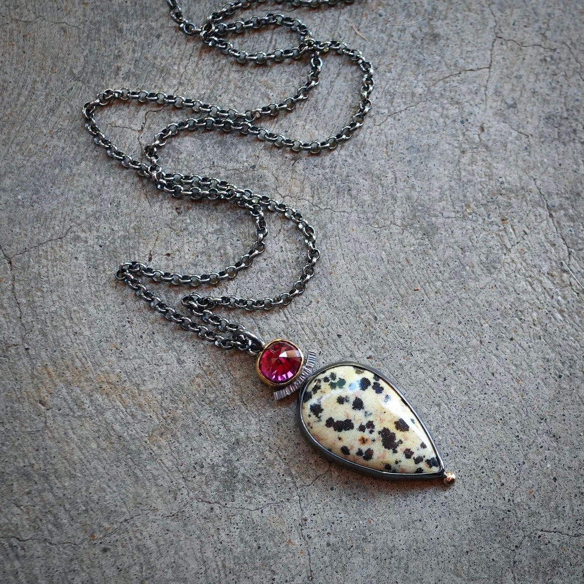 Dalmatian jasper and rhodolite garnet pendant