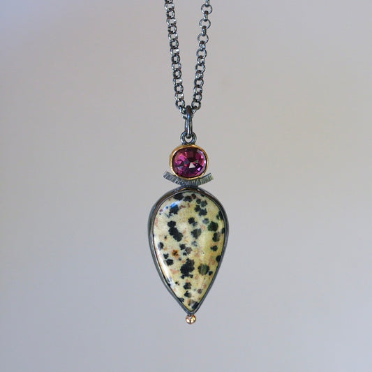 Dalmatian jasper and rhodolite garnet pendant