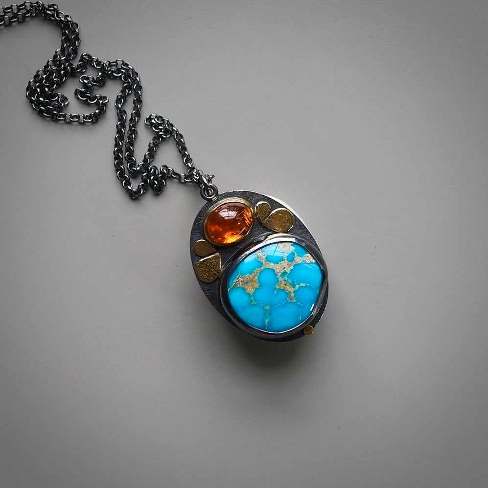 Sonoran blue turquoise and spessartine garnet pendant