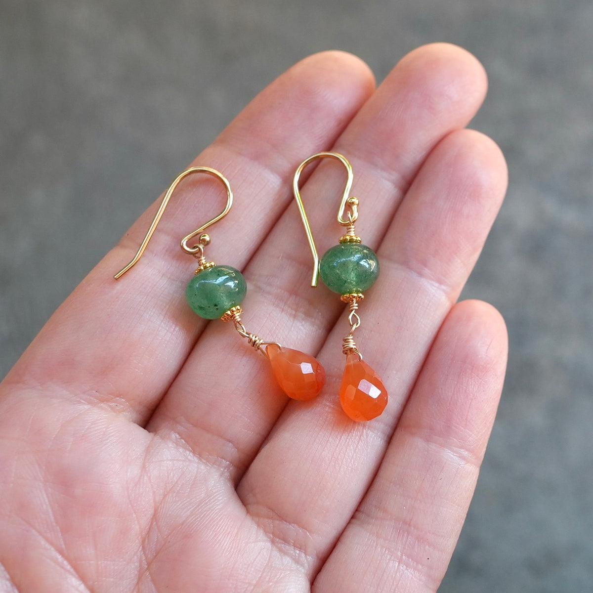 Green strawberry quartz and carnelian earrings