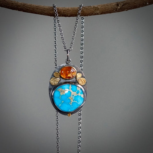 Sonoran blue turquoise and spessartine garnet pendant