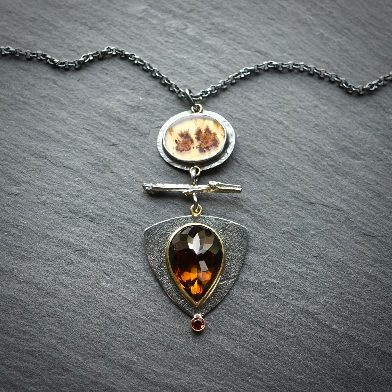 Dendritic agate and smokey tourmaline pendant