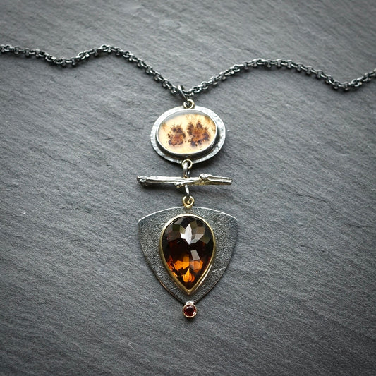 Dendritic agate and smokey tourmaline pendant