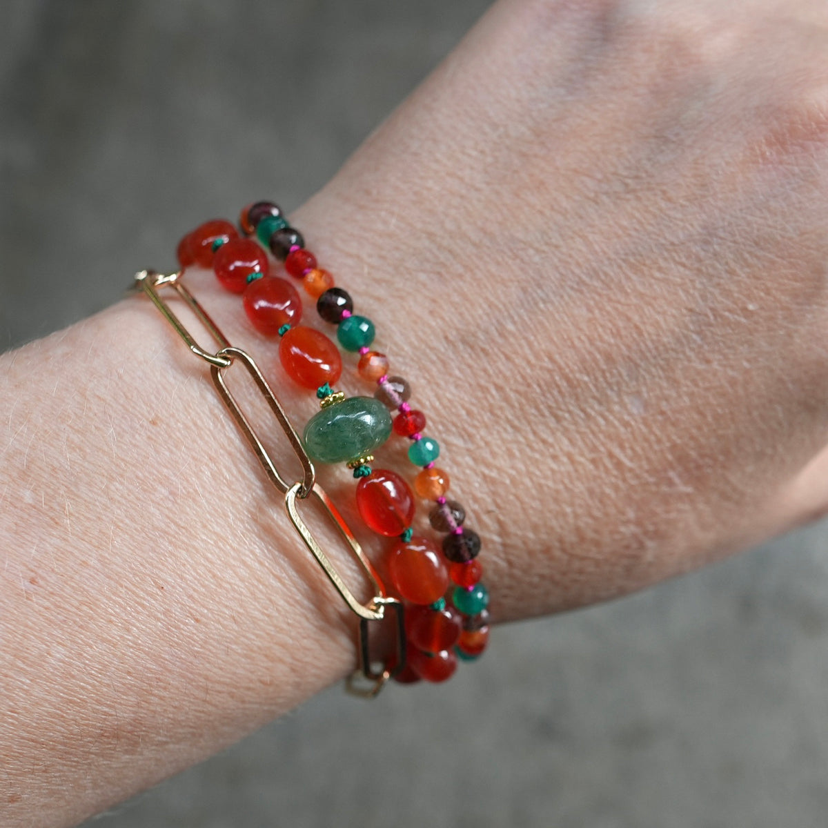 Carnelian and green strawberry quartz bracelet
