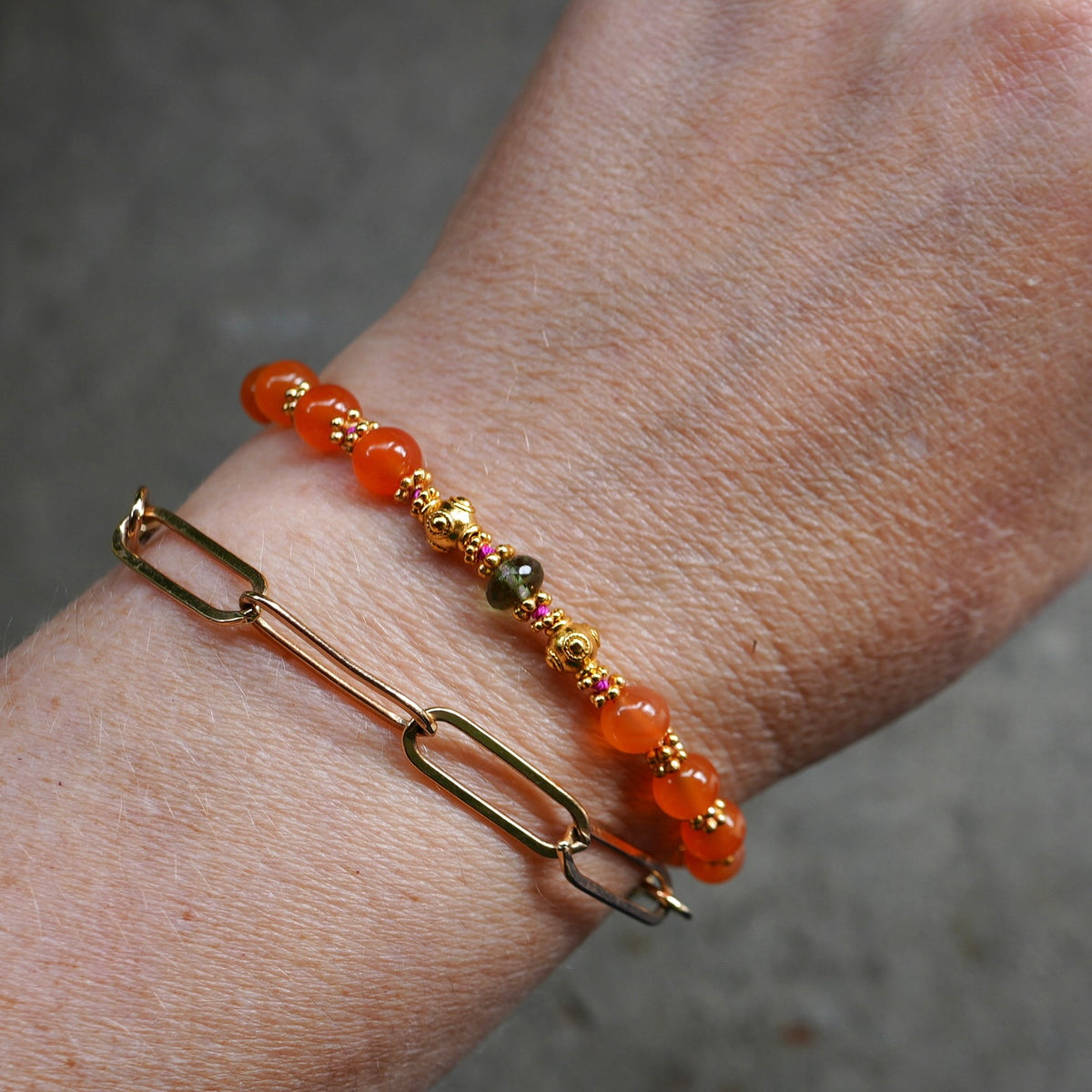 Carnelian and green apatite bracelet