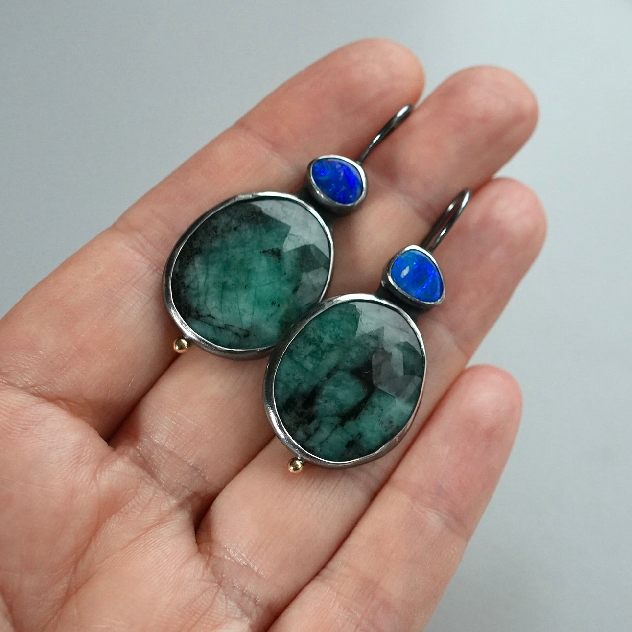 Emerald and Australian opal earrings