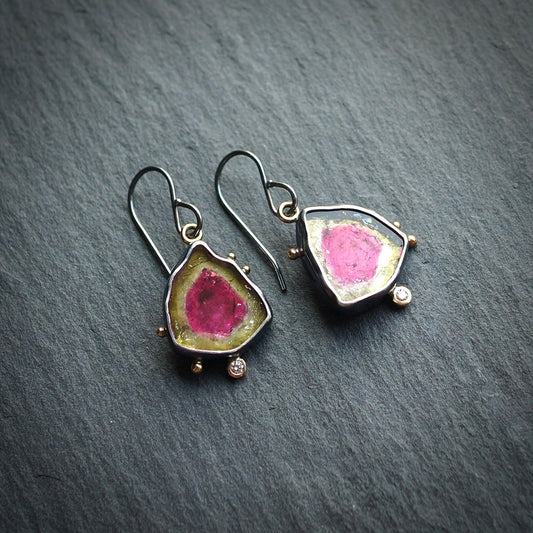 Watermelon tourmaline and diamond earrings