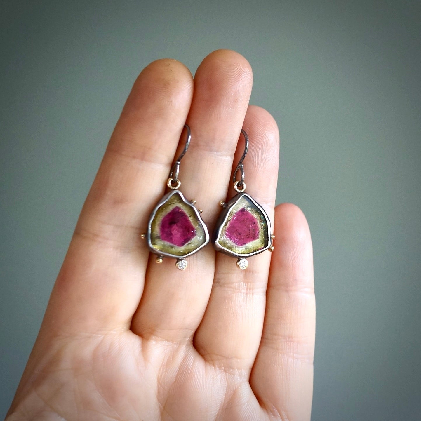 Watermelon tourmaline and diamond earrings