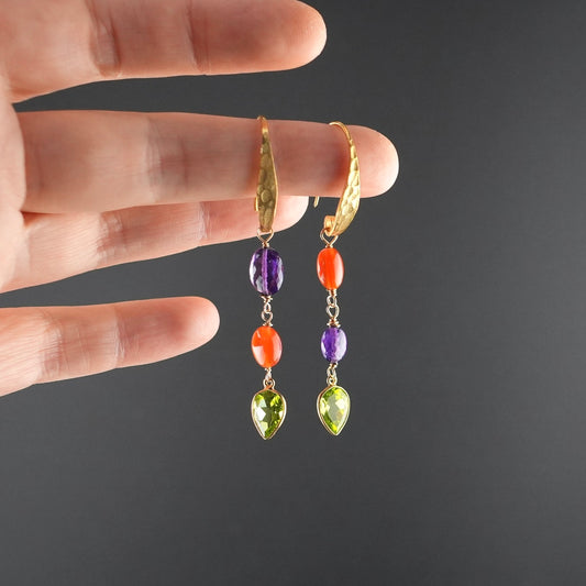 Gold vermeil amethyst, peridot and carnelian earrings