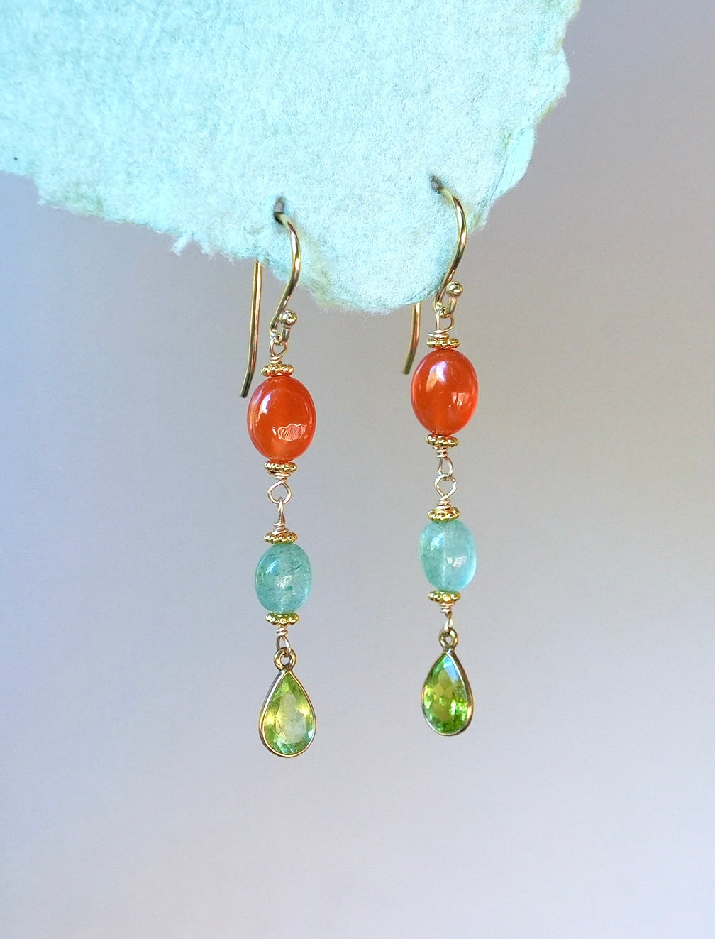 Carnelian, quartz and green tourmaline earrings