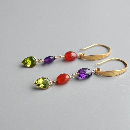 Gold vermeil amethyst, peridot and carnelian earrings