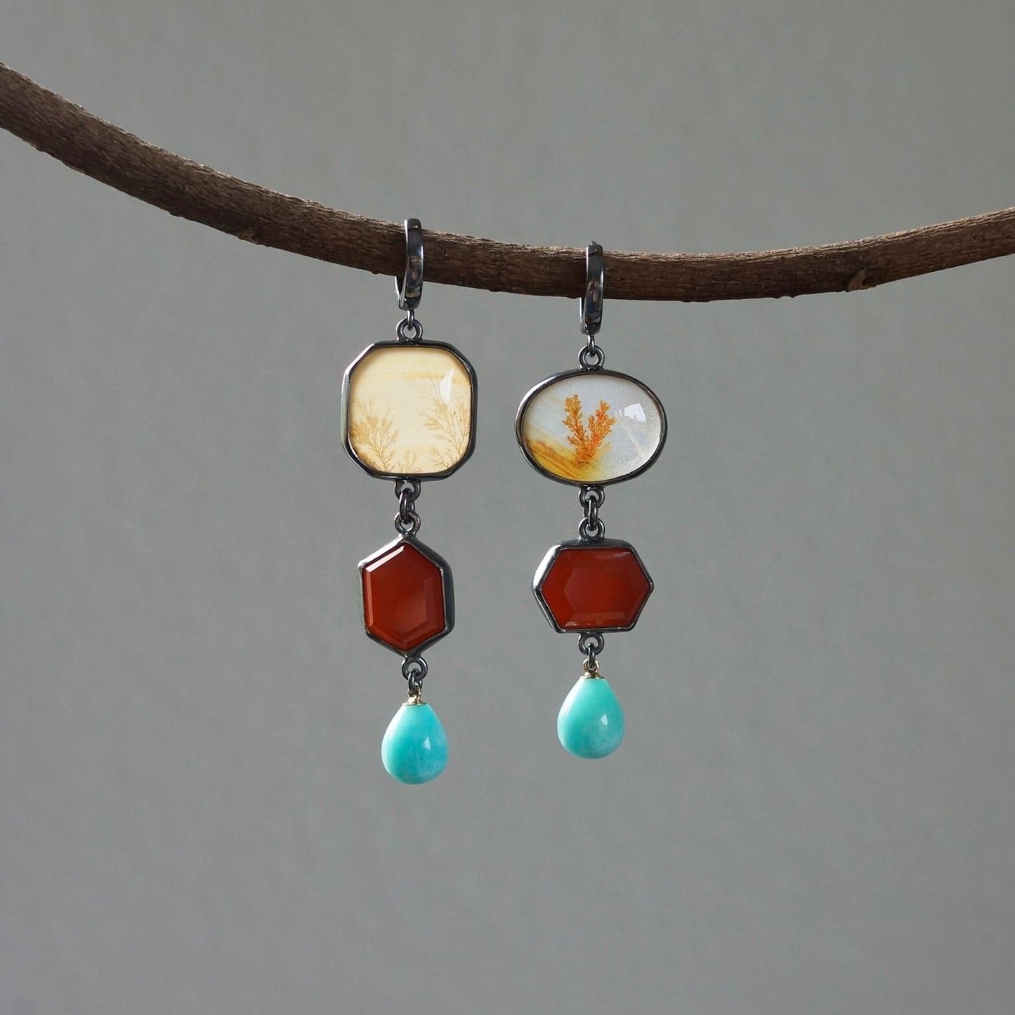 Dendritic agate, carnelian and amazonite earrings