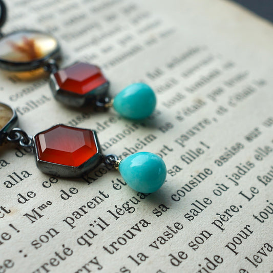 Dendritic agate, carnelian and amazonite earrings
