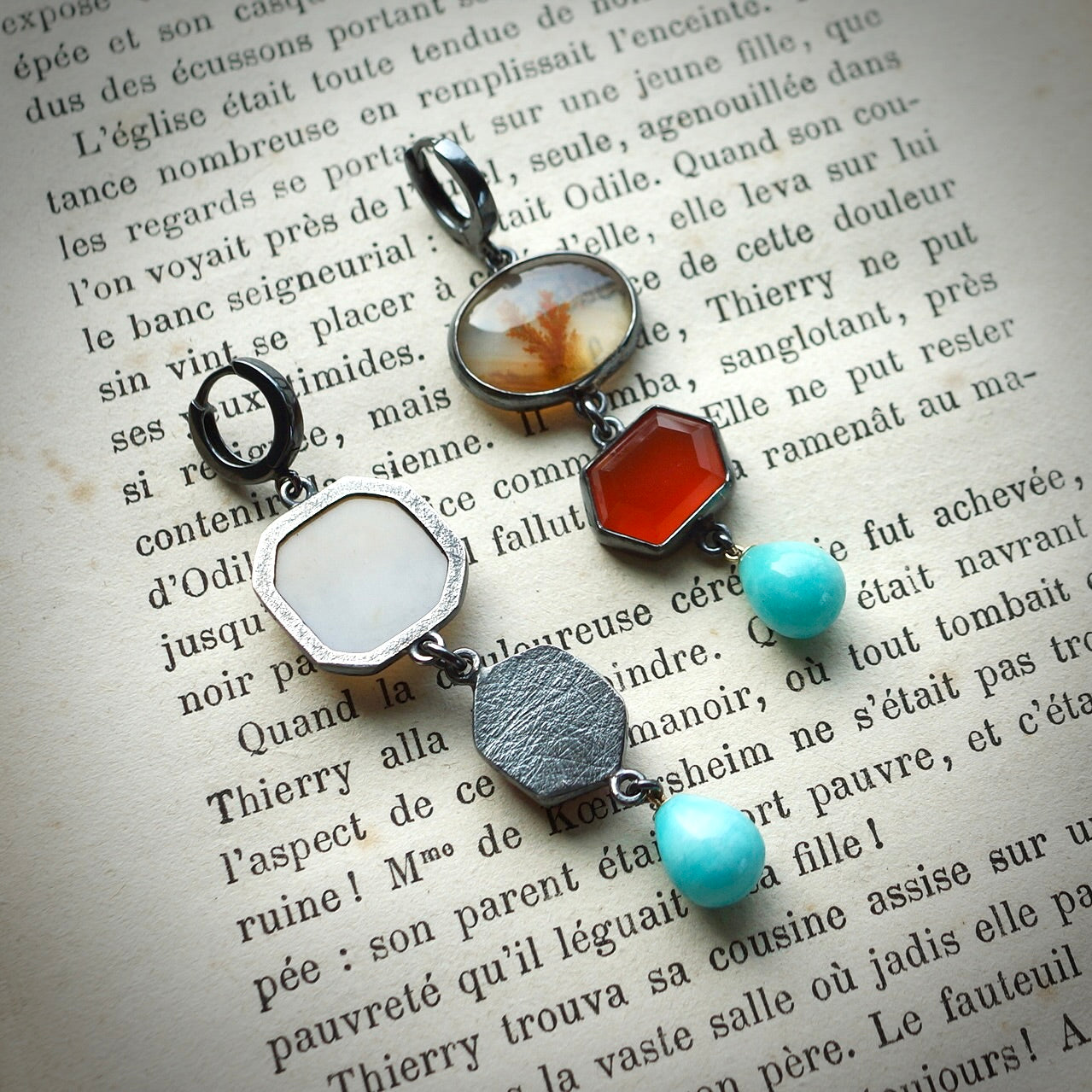 Dendritic agate, carnelian and amazonite earrings