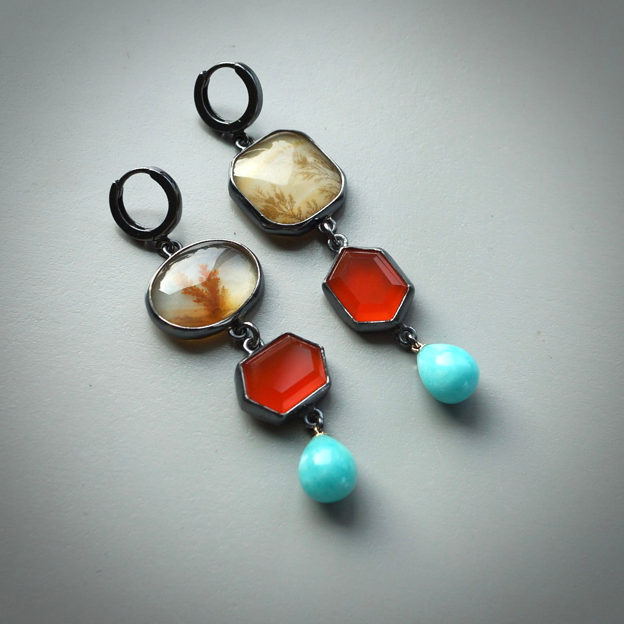 Dendritic agate, carnelian and amazonite earrings