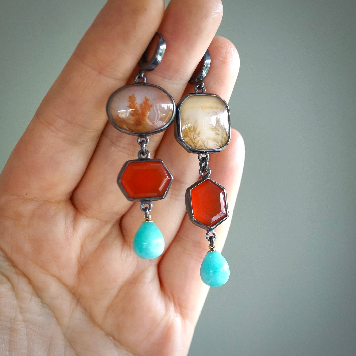 Dendritic agate, carnelian and amazonite earrings