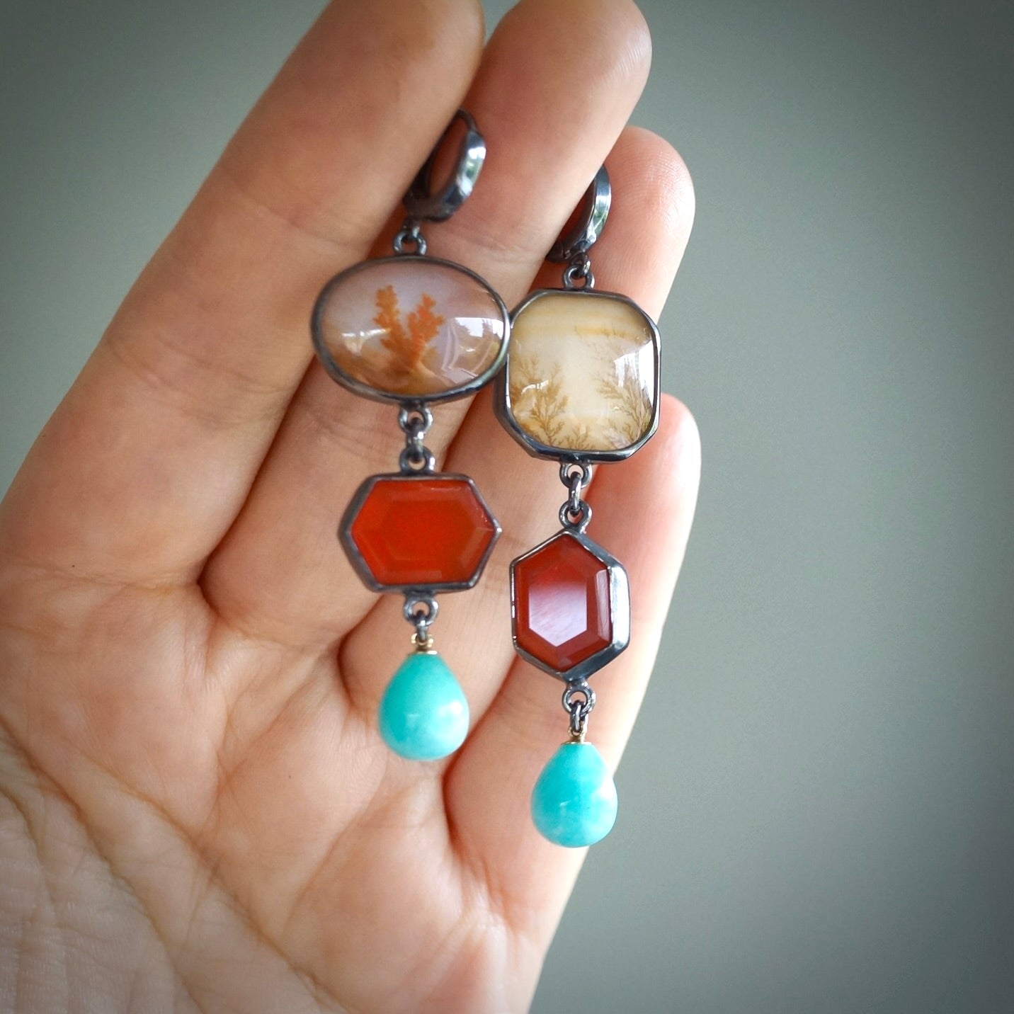 Dendritic agate, carnelian and amazonite earrings