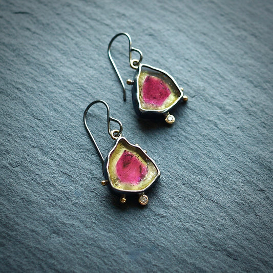 Watermelon tourmaline and diamond earrings