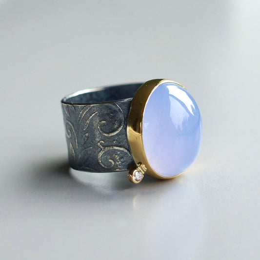 Namibian Blue Chalcedony and diamond ring